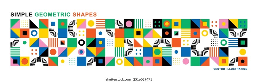 Fondo moderno Abstractas con Formas geométricas. Cuadrados, círculos, triángulos, rayas. Estilo Bauhaus. Conjunto con Elementos gráficos. Patrón sin fisuras. Diseño en estilo minimalista plano. Ilustración vectorial.