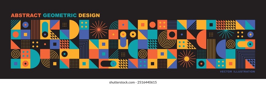 Abstract modern background with geometric shapes. Squares, circles, triangles, stripes. Bauhaus style. Set with graphic elements. Seamless pattern. Design in minimal flat style. Vector illustration.