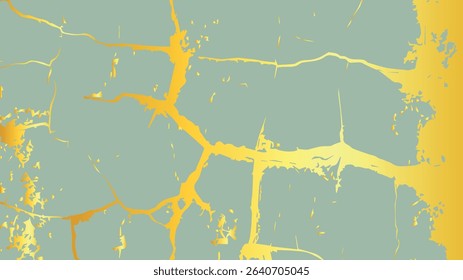 Abstract modern background with golden abstract cracks. Golden marble texture. Japanese art of golden kintsugi repairs broken pottery. Luxury vector template in green gold colors.