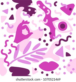 Abstract modern background with hand, eye and lips in pink.