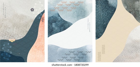 Abstract modern background with Japanese icon and pattern vector. Watercolor texture template in oriental style.