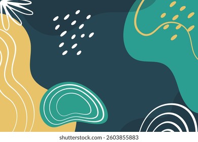 Abstract modern background with organic shapes, bold curves, and deep teal, yellow, and green tones. Ideal for branding, social media, posters, and web design.