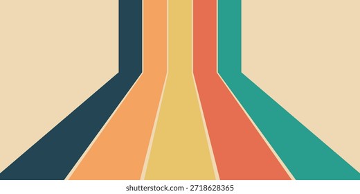 Abstrakter, moderner Hintergrund aus regenbogenfarbenem Wavy Line Design im Hippie Retro Stil der 1970er Jahre. EPS10