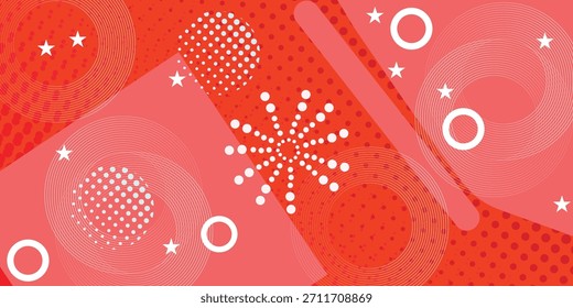 Abstract modern  background with red and pink geometric shapes, halftone textures, white circles, and star patterns, ideal for banners.modern  wallpaper illustration pattern vector texture