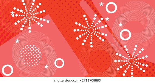Fondo moderno Abstractas con Formas geométricas rojas y rosadas, texturas de semitonos, círculos blancos y patrones de estrellas, ideal para Anuncios. Textura de Vector de patrón de ilustración de Fondo de pantalla moderno