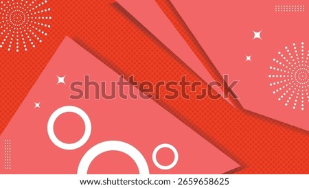 Abstract modern  background with red and pink geometric shapes, halftone textures, white circles, and starburst patterns, ideal for banners.
