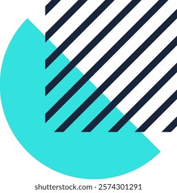 Abstract modern background with turquoise semicircle partially covered by diagonal black lines on white background creating dynamic and vibrant visual effect