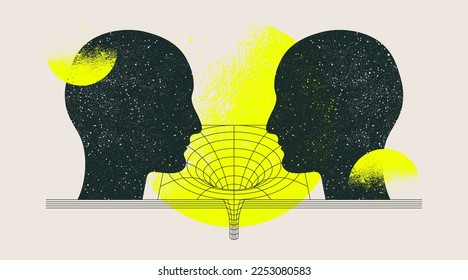 Abstract modern background with two human heads, geometric shapes and black hole. Creative concept. Modern design. Vector illustration