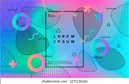 Abstract modern background in Vaporwave/ Neo Memphis style with neon pastel holographic elements and shapes - crosses, circles, lines and triangles.
