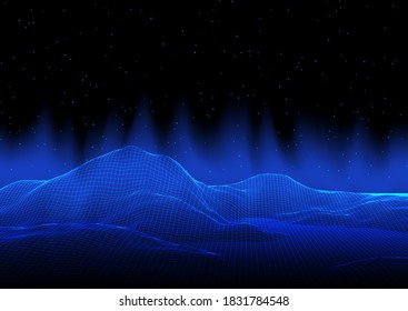 Abstract modern background with wireframe landscape against a starry sky