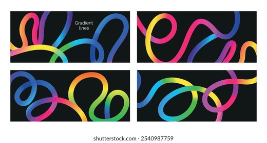 Abstract modern backgrounds with color squiggle lines. Rainbow gradient design elements. Colorful templates with wavy fluid gradient shape, horizontal posters set.