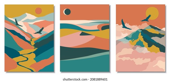 Abstract modern backgrounds landscapes set with mountains, river, eagles, desert, clouds. minimalist art. Vector illustration.