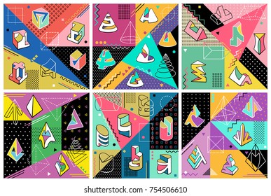 Abstract modern backgrounds set. Trendy 80s-90s style with geometric forms and shapes