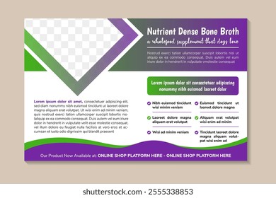 abstract modern banner design template in horizontal layout. example of headlie is nutrient dense bone broth, a wholefood supplement that dogs love. photo space element. green purple colors gradient.