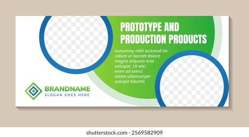 abstract modern banner design template with headline is prototype and production products. Landing page template with circle space element and photo collage vector illustration for website or printing