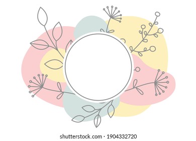 Abstract modern banner with shapes, branch of leaf and flower. Circle frame with copy space. Flat vector illustration isolated on white background.