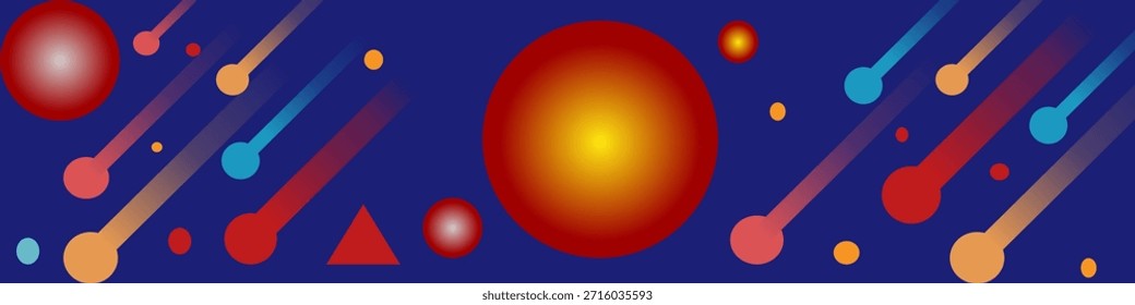 Plantilla de Anuncio moderno Abstractas con Formas geométricas. Fondo azul con patrones gráficos naranja, azul claro, rojo y cian.
