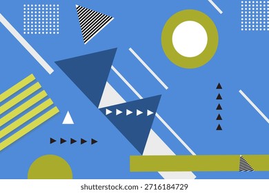 Plantilla de Anuncio moderna Abstractas con Formas geométricas Fondo azul con patrones gráficos amarillos, blancos y negros