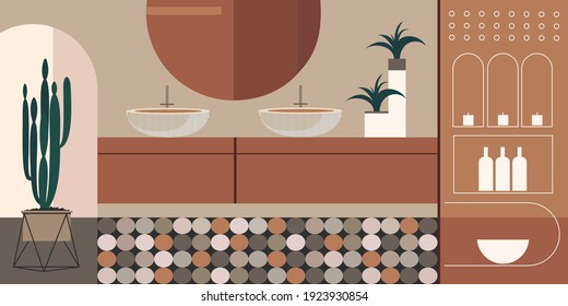 Abstract modern bathroom Interior with circles ceramic tiles. Vector mockup for background a layout landing page or design advertising banner or booklet. Contemporary architecture illustration.