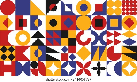 Abstraktes modernes Bauhaus-Muster mit geometrischen Formen. Quadrate, Kreise, Dreiecke, Streifen. Mit einfachen geometrischen Elementen. Nahtloses Vektormuster im minimalen Flachstil. 