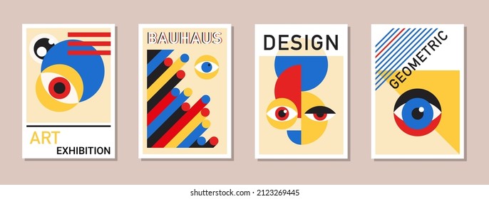 Abstract Modern Bauhaus Posters. Minimal Swiss Retro Art Design Paintings Templates With Geometric Shapes, Eyes. Vector Illustration In Simple Vintage Postmodernism For Business Brochure, Certificate.