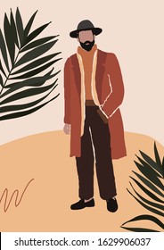 Abstract modern bearded man in hat in fashion trendy clothes walking on street. Trendy art minimal background poster wall art print. Vector illustration in hand drawn flat style
