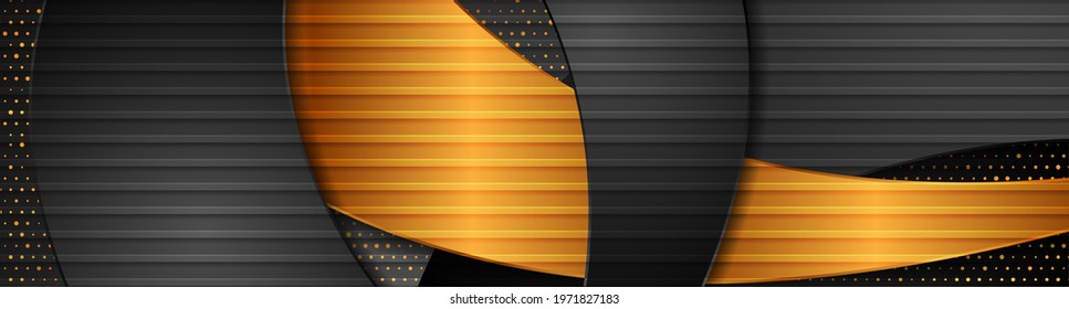 Abstract modern black golden banner with waves and shiny dots. Geometric vector background