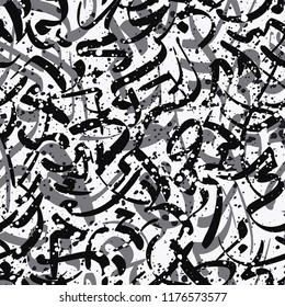 Abstract modern black, gray and white calligraphy seamless pattern with splatter,ornament Arabic 