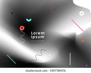 Abstract modern black minimalistic liquid shape background with colorful geometric objects. Best for landing page, poster.