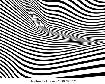 Abstract, modern black and white bent stripes optical illusion warped texture background