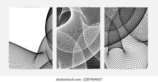 Abstrakte moderne Schwarz-Weiß-Konsistenz. Wavy lineares 3D-Muster. Einfaches futuristisches Hintergrund gestreiftes Overlay-Design. Schnelle Posterkunst. Geometrische architektonische Zeichnung.