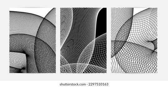 Abstrakte moderne Schwarz-Weiß-Konsistenz. Wavy lineares 3D-Muster. Einfaches futuristisches Hintergrund gestreiftes Overlay-Design. Schnelle Posterkunst. Geometrische architektonische Zeichnung.