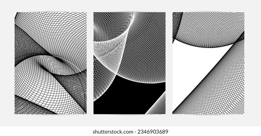 Abstract modern black and white blend texture. Wavy linear 3D pattern. Simple futuristic background striped overlay design. Swirly motion poster art. Geometric architectural drawing.