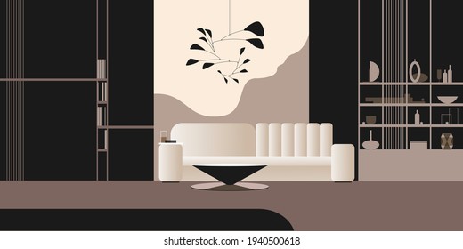 Abstract modern black and white Interior with sofa and chandelier. Landing page mockup design, advertising banner or brochure. Contemporary architectural vector illustration.