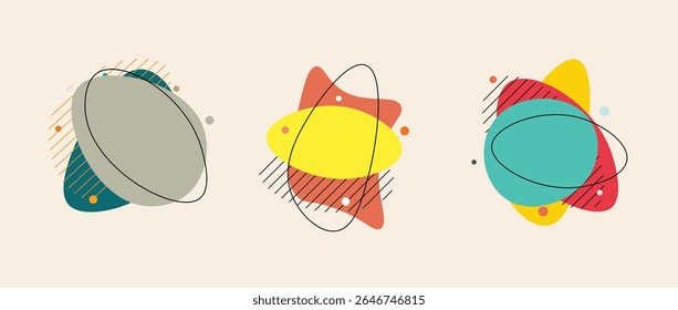 Composição abstrata em forma de bolha moderna. Formas líquidas geométricas coloridas com acentos de linha preta. Design minimalista criativo para arte de fundo.
