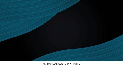 Abstracto azul moderno sobre fondo negro con diseño de capa de curva de línea de rayas.
