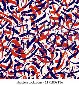 Abstract modern blue and red calligraphy seamless pattern with splatter,ornament Arabic 