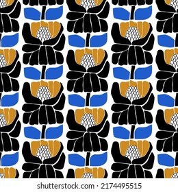 Abstract modern bohemian organic flower seamless pattern. Naïve funky floral illustration in mid century, boho scandi hippie styles. Bold flower wall decor. Vector botanical art background