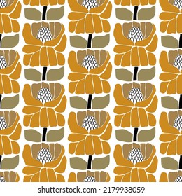Abstract modern bohemian organic flower seamless pattern. Naïve funky floral illustration in mid century, boho scandi hippie styles. Bold flower wall decor. Vector botanical art background