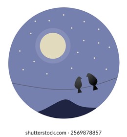 Abstract Modern Boho Art with Silhouette Couple birds on the branch under the moonlight and stars. 