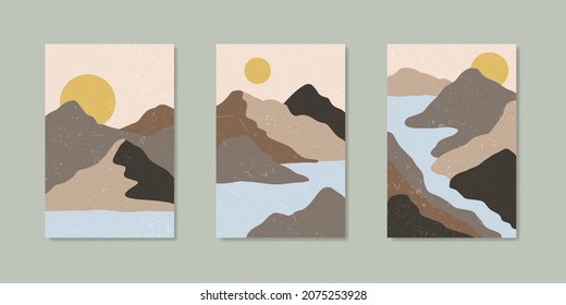 Abstract modern boho landscape with mountains, river, sun, waves. Contemporary minimalist print template. Vector illustration of geometric scene with hills and lakes in japanese or chinese style.