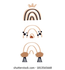 Abstract modern boho rainbow with crown and fringe. Hand drawn vector bohemian illustration. Nursery decor. Cute baby clipart. Beige, nude, brown color