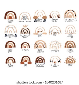 Abstract modern boho rainbow with love quotes. Hand lettering sayings set, vector bohemian illustration. Beige, brown colors. 14 February. St Valentine holiday greeting card design elements.