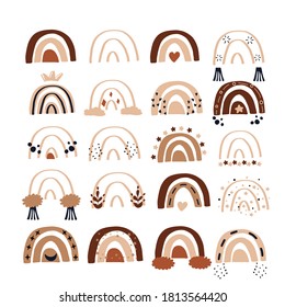 Abstract modern boho rainbow set. Hand drawn vector bohemian illustration. Nursery decor. Cute baby clipart. Beige, brown colors