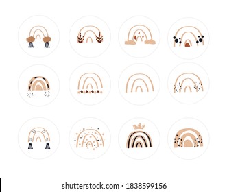 Abstract modern boho rainbows highlight covers. Bohemian baby icon covers set. Beige nude baby rainbow with hearts, clouds, stars. Social media blogger set, stories cover