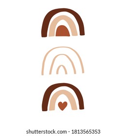 Abstract modern boho rainbows set. Hand drawn vector bohemian illustration. Nursery decor. Cute baby clipart. Beige, brown, nude colors