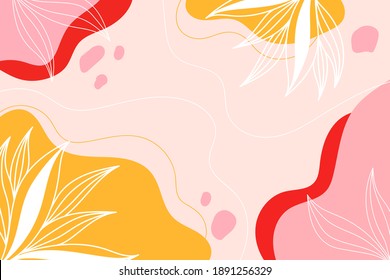 Abstract modern botanical background with white leaves, pink and yellow colors.Background with space for text. Floral banner template. 