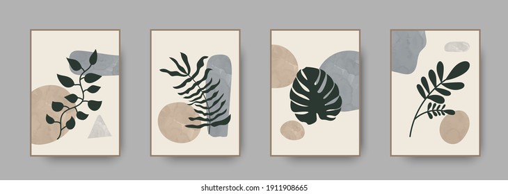 Abstract modern botanical boho poster collection. Organic bohemian wall art poster for minimal luxury interior with watercolor abstract shapes. Neutral paster color, foliage drawing. Acrylic vector