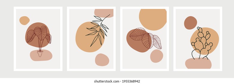 Abstract modern botanical boho poster collection. Organic bohemian wall art poster for minimal luxury interior with watercolor abstract shapes. Neutral pastel color, foliage drawing. Acrylic vector