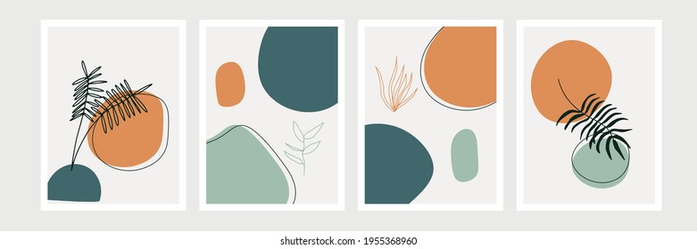 Abstract modern botanical boho poster collection. Organic bohemian wall art poster for minimal luxury interior with watercolor abstract shapes. Neutral pastel color, foliage drawing. Acrylic vector
